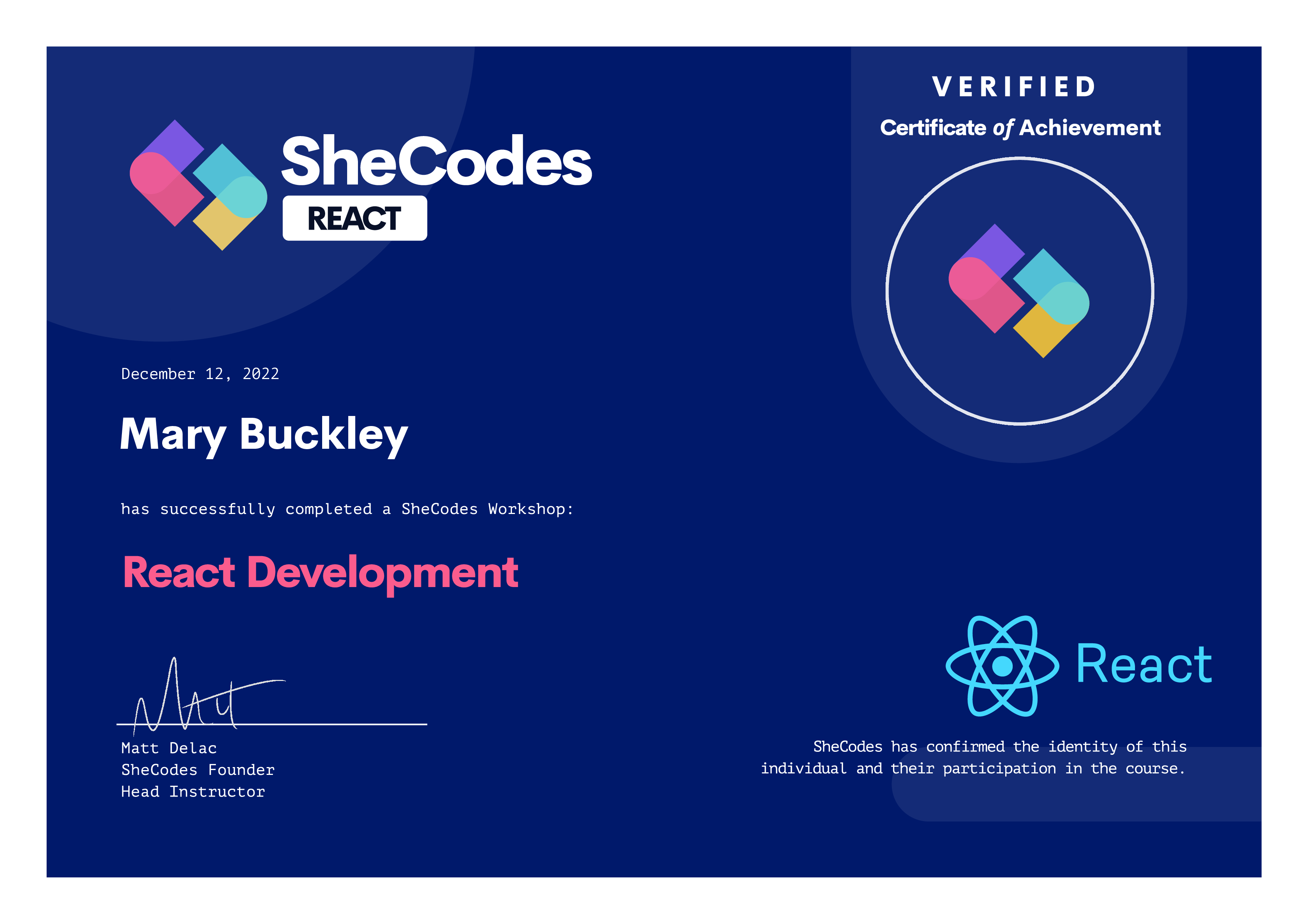 React development certificate