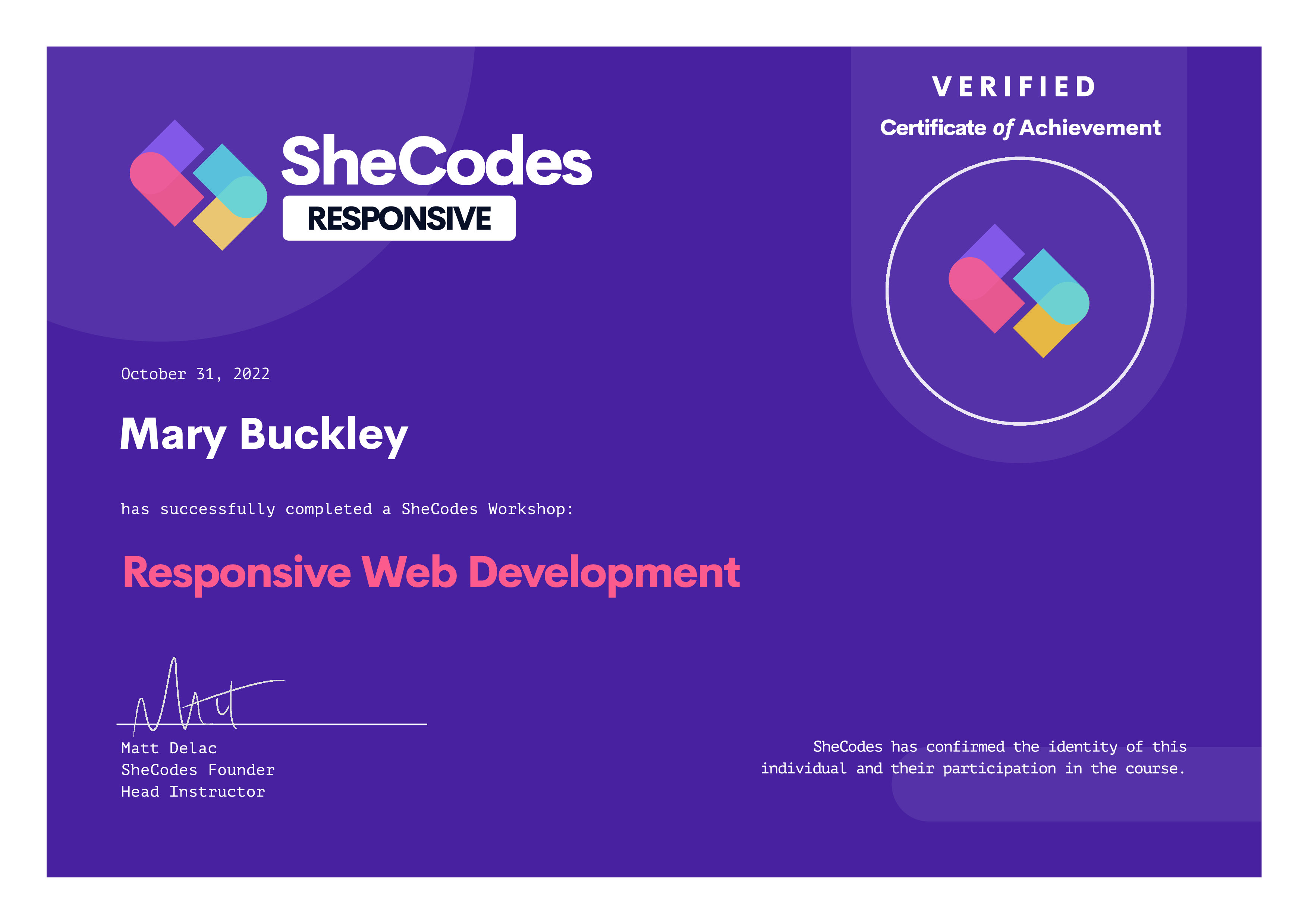 SheCodes Responsive Web Development certificate